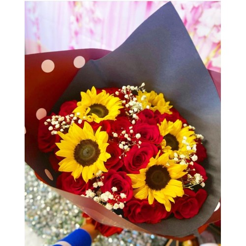 Wrapped Roses & Sunflowers Hand Tied Bouquet