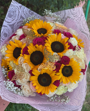 Wrapped Roses & Sunflowers Hand Tied Bouquet